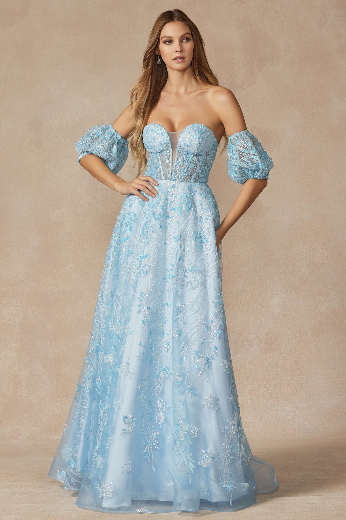 Strapless Sequin Tulle Removable Balloon Sleeves Long Prom Dress JT2404