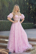 Strapless Sequin Tulle Removable Balloon Sleeves Long Prom Dress JT2404