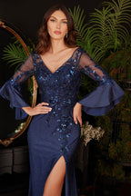 Long Bell Sleeve Lace & Satin Gown