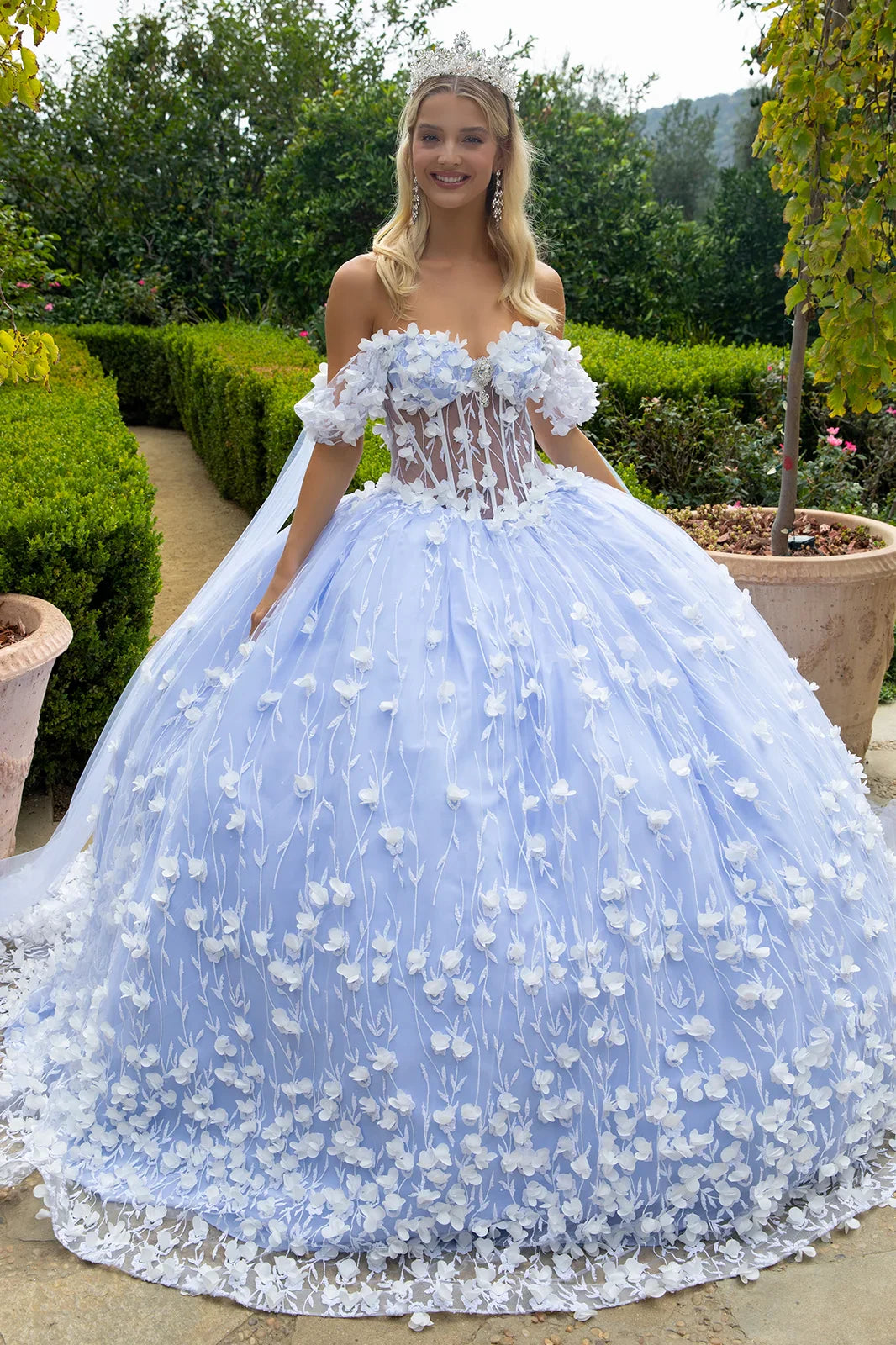 3d flower applique sequin glitter embellished corset off shoulder with watteau train GLGL3571