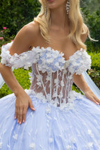 3d flower applique sequin glitter embellished corset off shoulder with watteau train GLGL3571